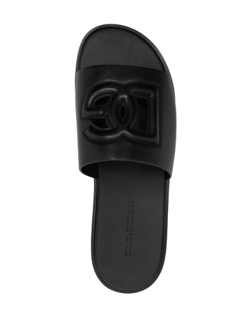embossed logo leather slides