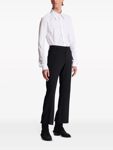 crepe textured flared cropped trousers