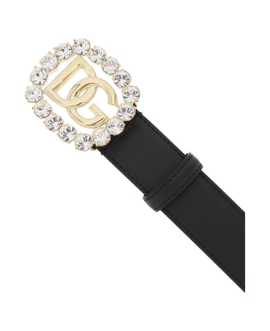 Calfskin Belt With Logo And Rhinestones