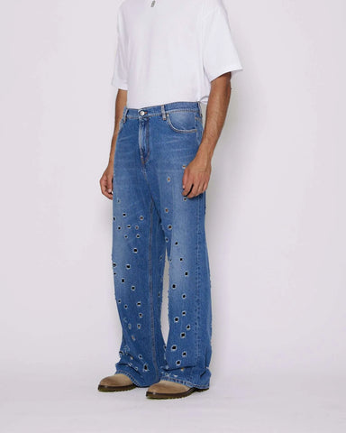 Wide leg jeans with metal holes on the front