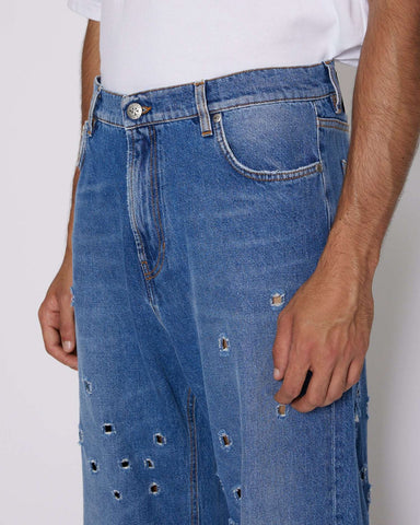 Wide leg jeans with metal holes on the front